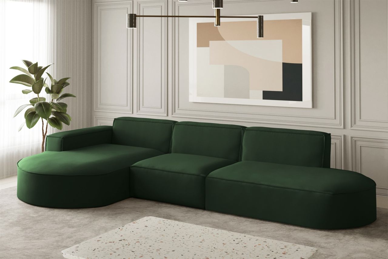 Ecksofa Designersofa PALMA in Stoff Opera Velvet Grün Ottomane Links
