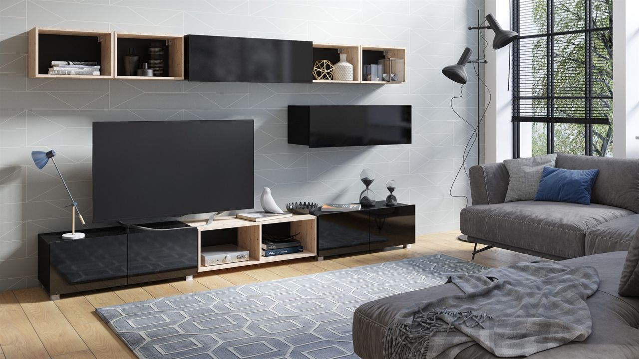 Mediawand Wohnwand 9 tlg - KAVOS 8 - Schwarz Hochglanz