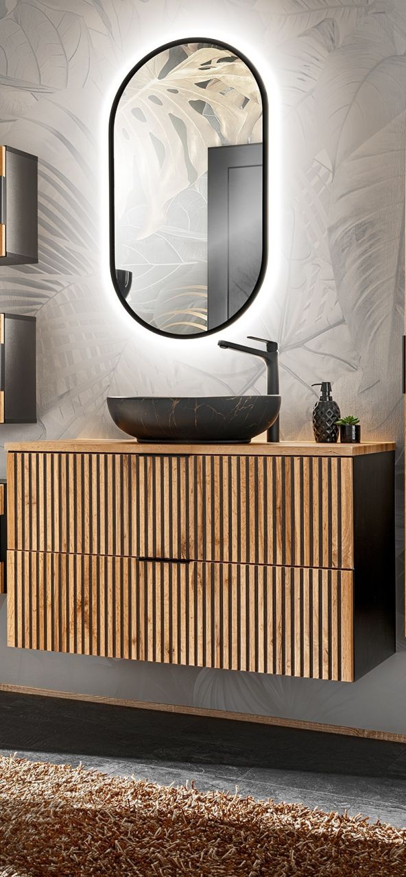 Badmöbel Set 3-tlg Badezimmerset ARMON Wotan Eiche Schrank 100cm inkl. Wascht...