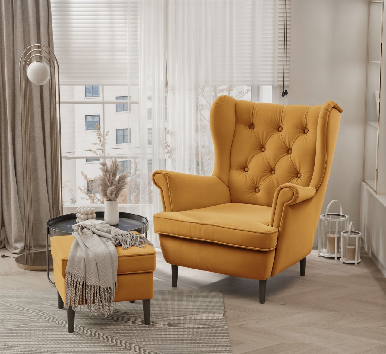 Sessel Ohrensessel NINON inkl. Hocker in Stoff Trinity Honiggelb