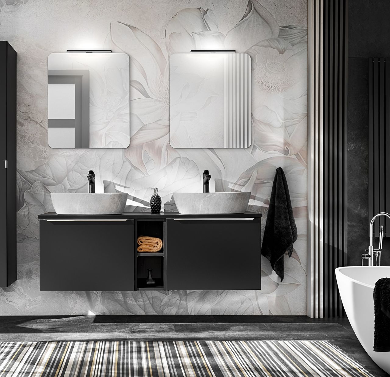 Badmöbel Set 7-tlg Badezimmerset AKAN Schwarz matt 2 Spiegel inkl. Waschtisch