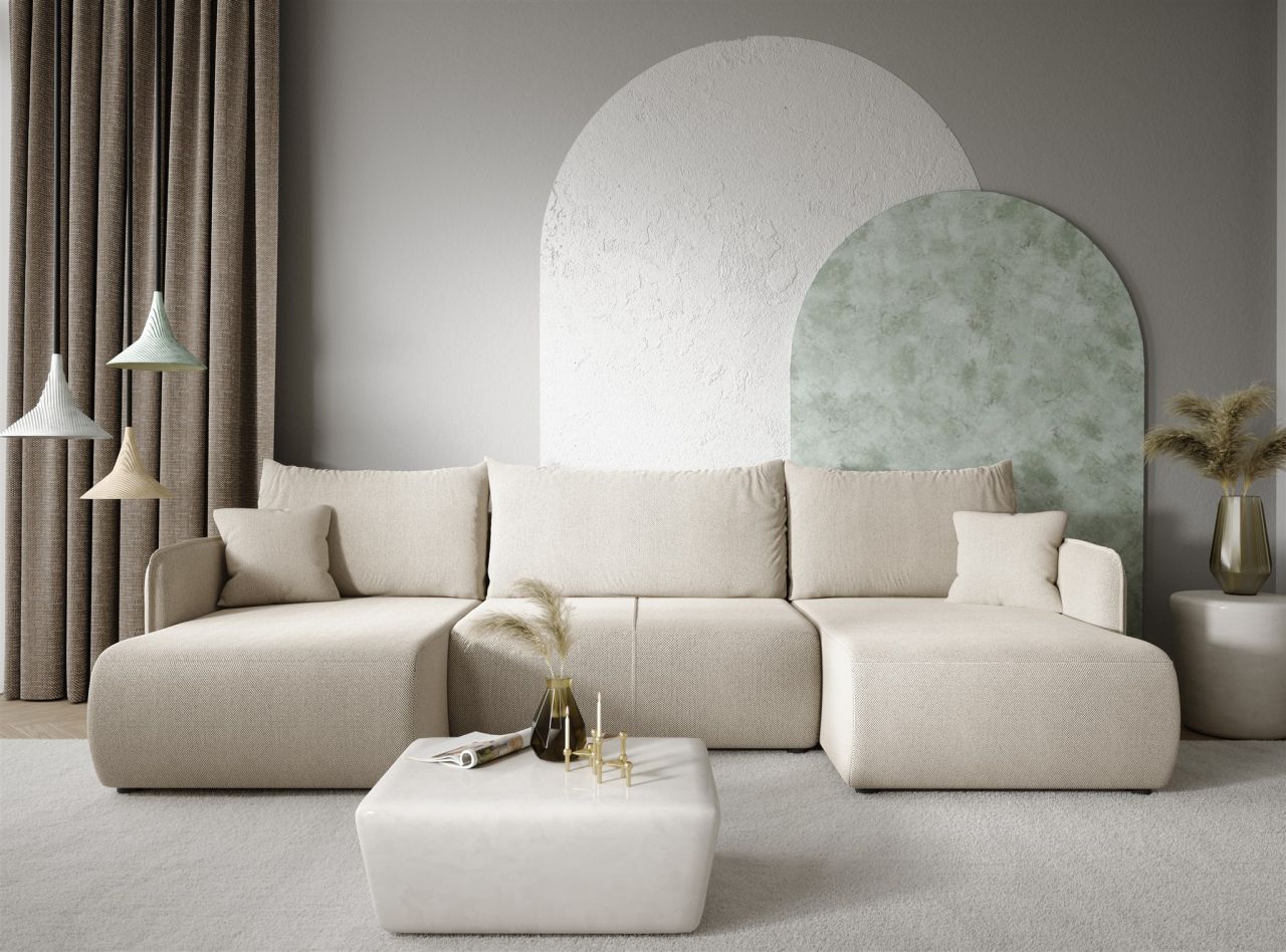 Wohnlandschaft Sofa mit Schlaffunktion CALGARY Stoff Curio Hellgrau