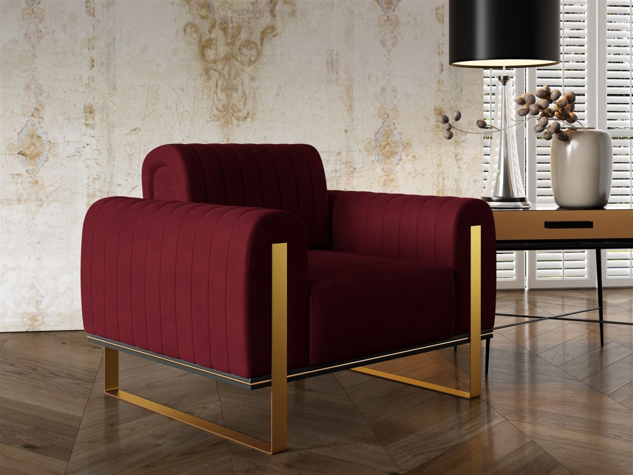 Sessel Designersessel VALERIE in Stoff Elisa Velvet Bordeauxrot