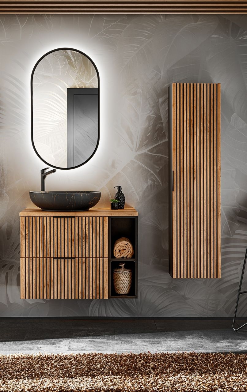 Badmöbel Set 5-tlg Badezimmerset ARMON Wotan Eiche Schrank 80cm inkl. Waschtisch