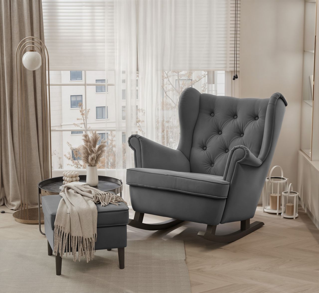 Schaukelsessel Ohrensessel Sessel NINON inkl. Hocker in Stoff Trinity Dunkelgrau