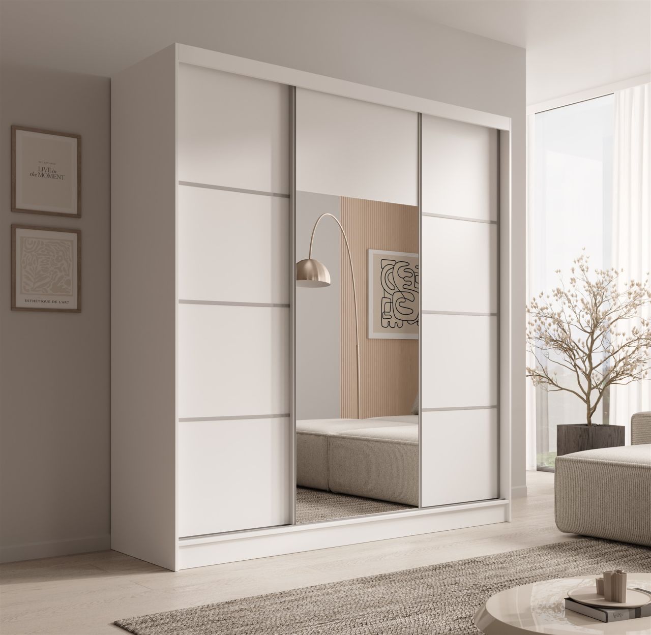 Schiebetürenschrank Schrank ALFA in Weiß- Tür Applikation Silber 200x215x61 cm