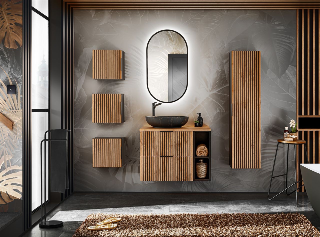 Badmöbel Set 8-tlg Badezimmerset ARMON Wotan Eiche Schrank 80cm inkl. Waschtisch