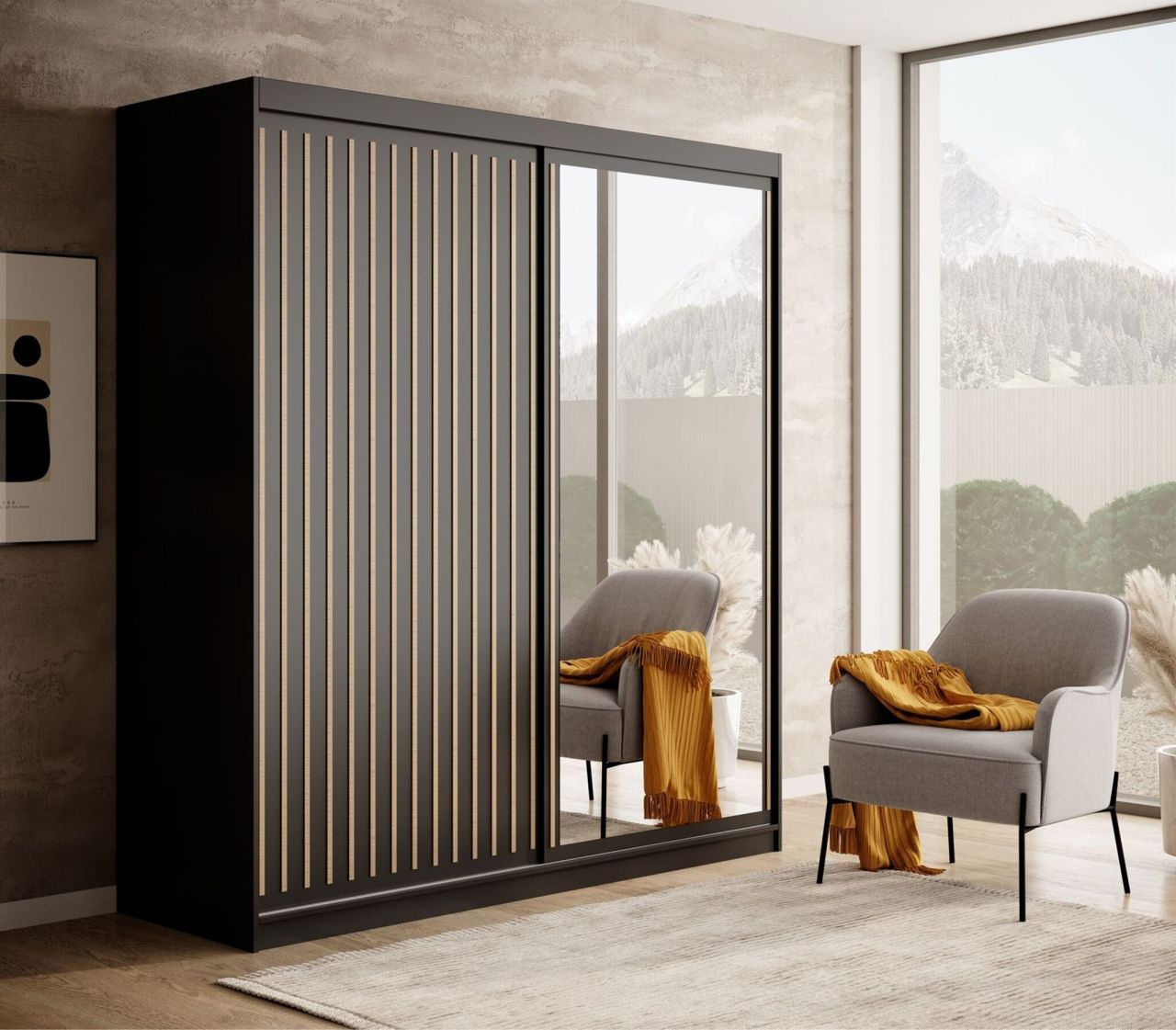 Schiebetürenschrank Schrank FABO in Schwarz matt- Artisan Eiche 180x205x60 cm