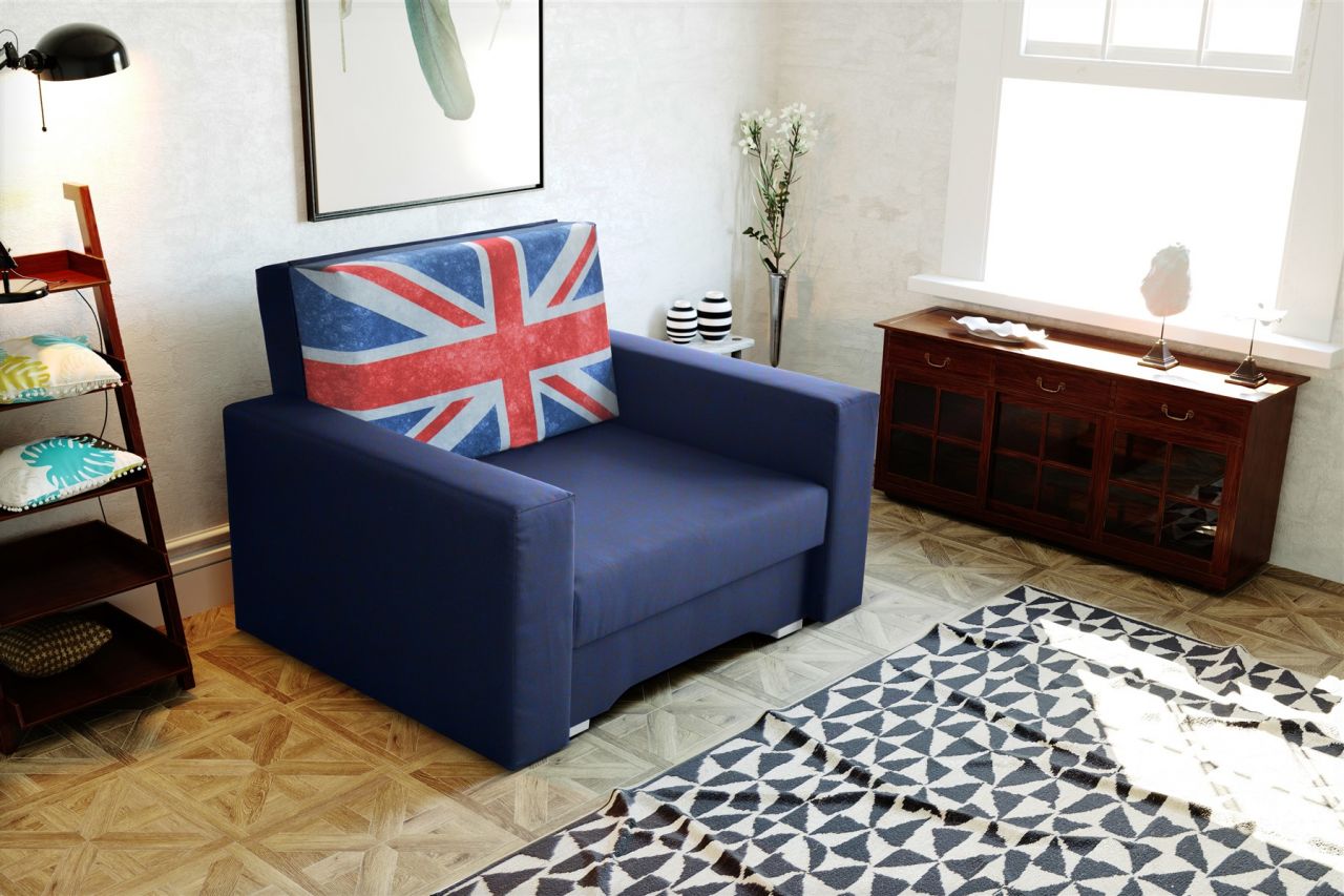 Sessel mit Schlaffunktion IRVING in Blau- Fahne inkl.Bettkasten