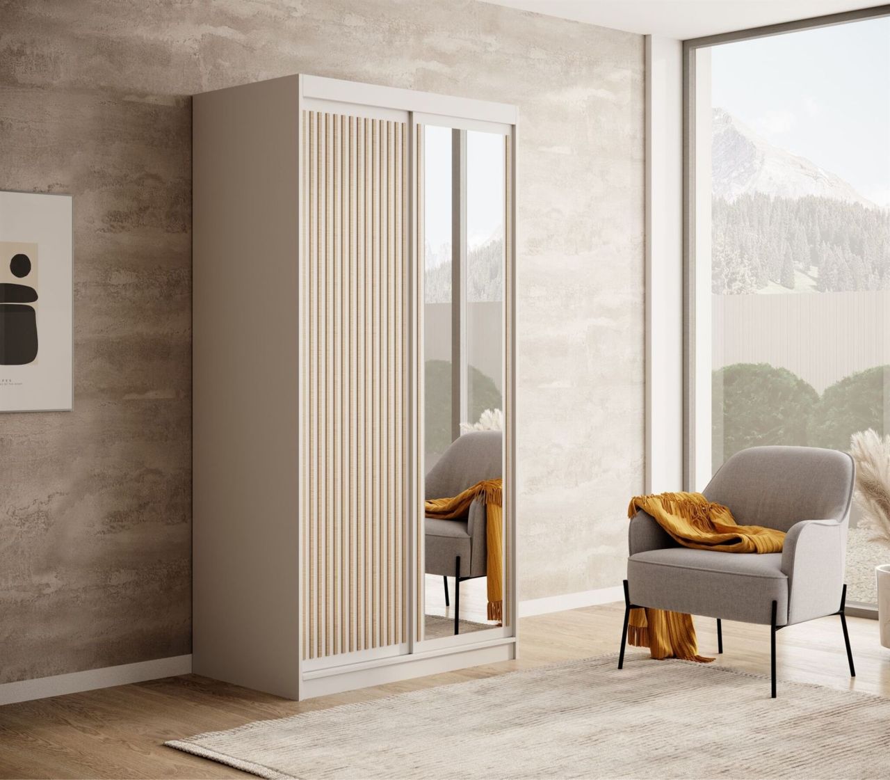 Schiebetürenschrank Schrank FABO in Weiß matt- Artisan Eiche 100x205x60 cm
