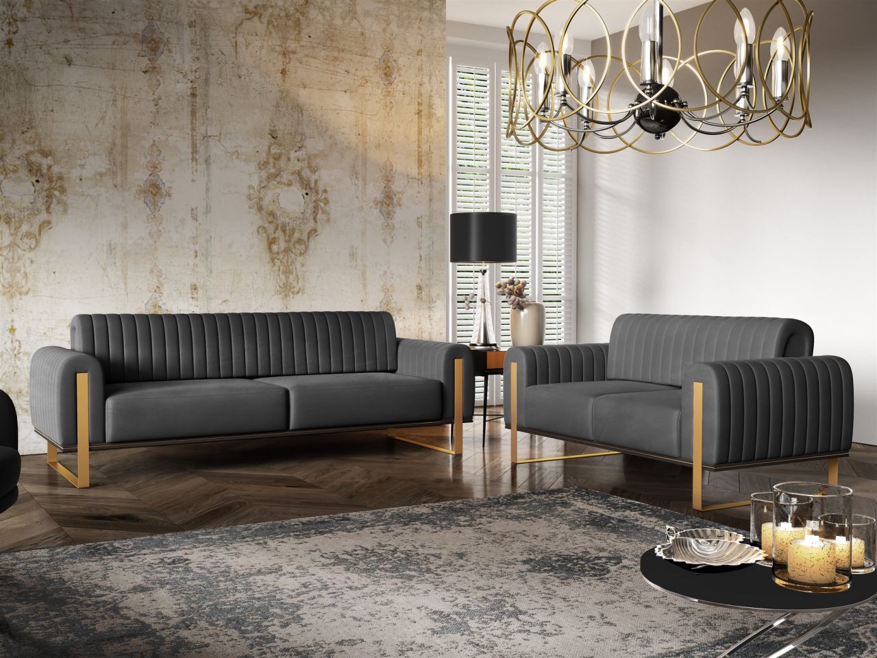 Sofaset Designersofas VALERIE 3-2 in Stoff Stoff Elisa Velvet Anthrazit