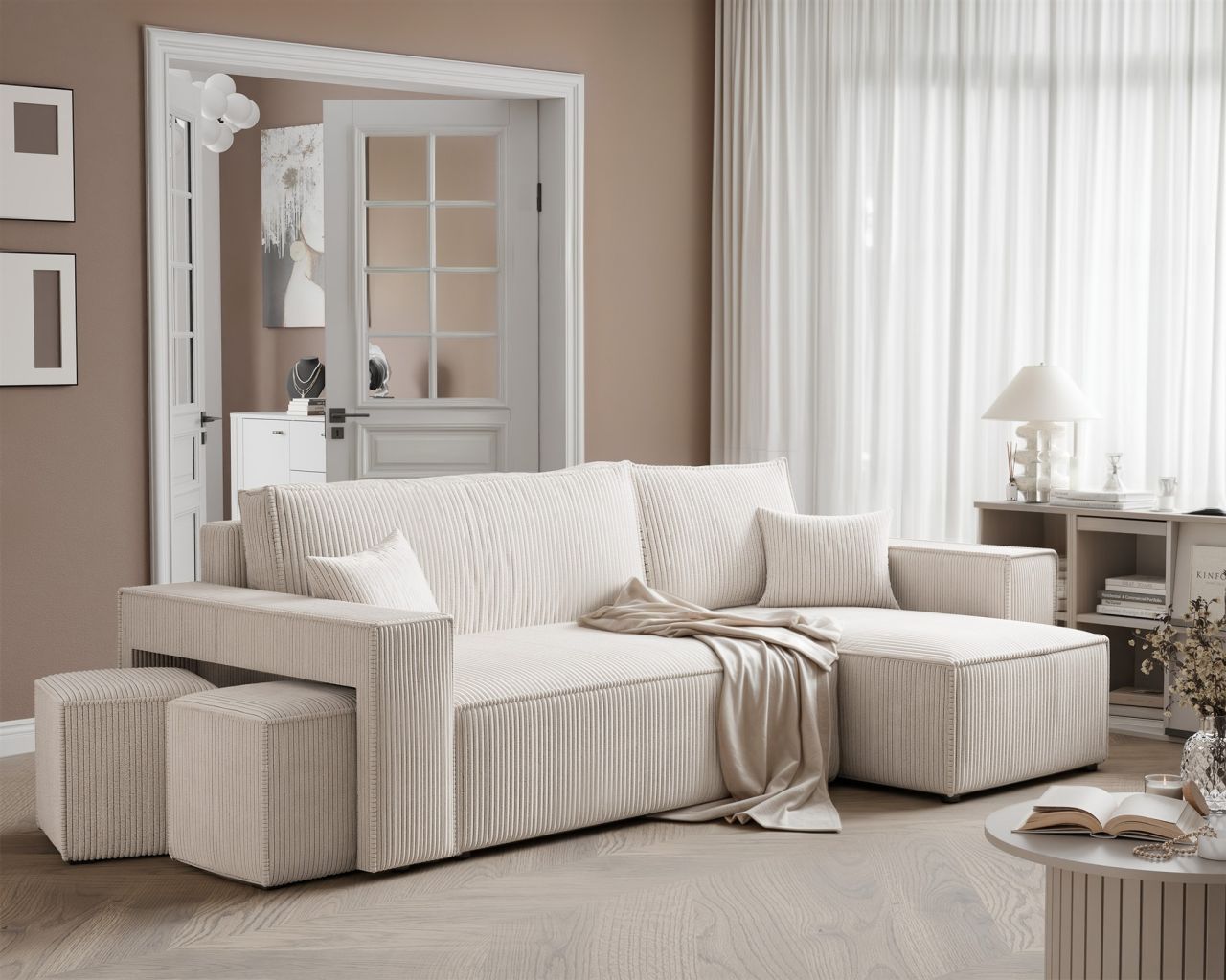 Ecksofa Schlafsofa Sofa ADARA inkl. Hocker Stoff Poso Altweiß Ottomane Rechts