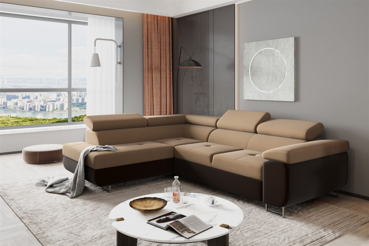 Couchgarnitur JADE Stoff Dunkelbraun-Cappuccino Schlaffunktion Ottomane Links