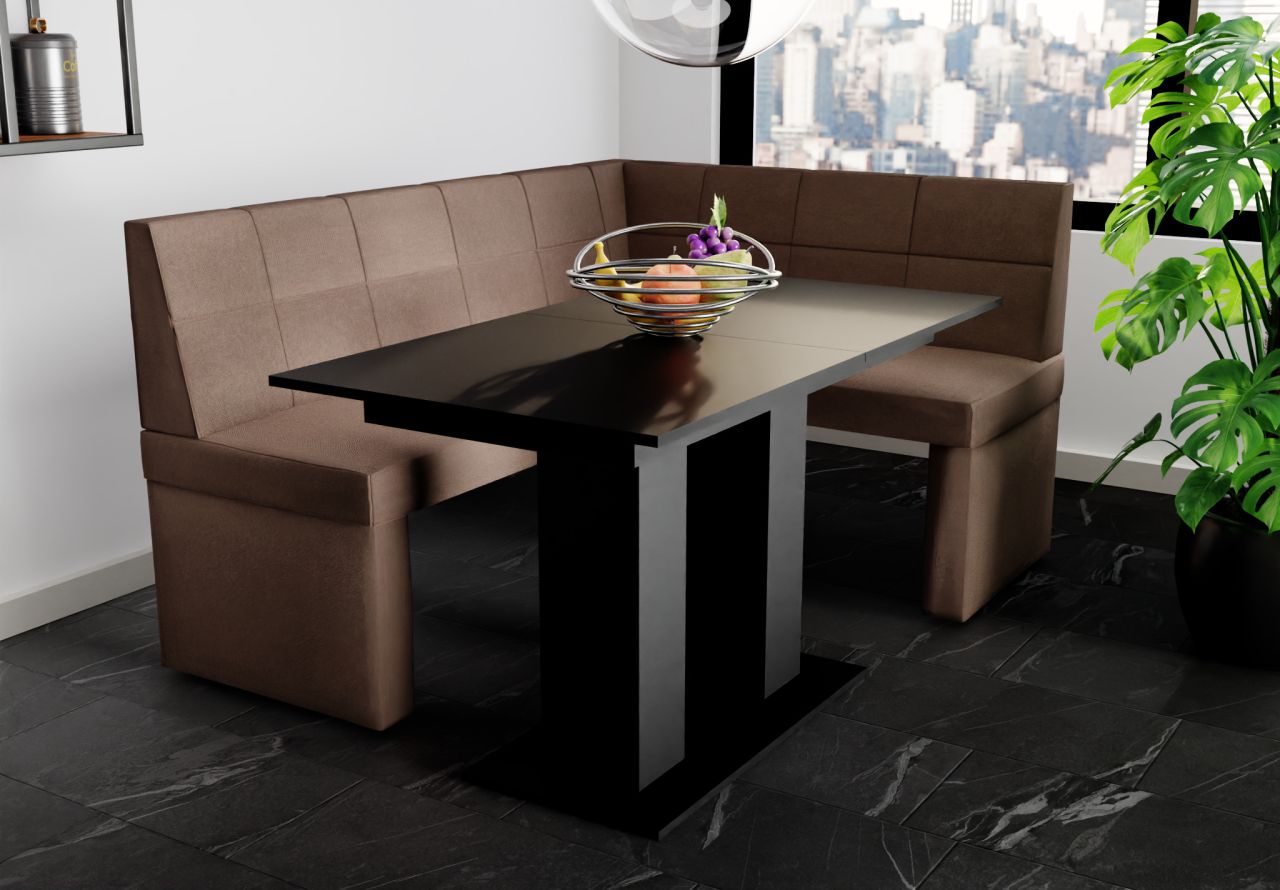 Eckbankgruppe 196x142 cm BLAKE XL L Stoff Soro Braun / Esstisch DANTE Schwarz