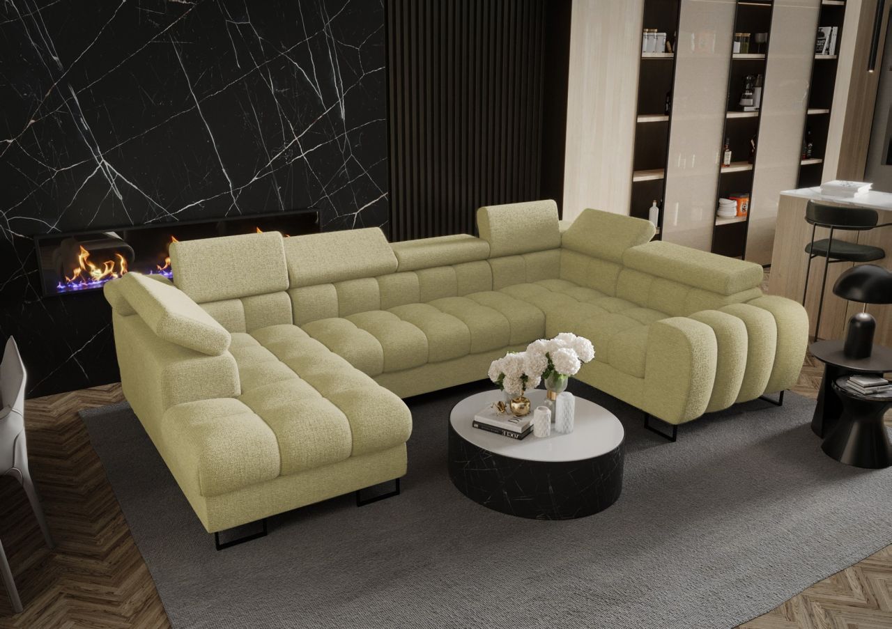 Wohnlandschaft Schlafsofa BASTIEN in Stoff Aragon Olivgrün Ottomane Links