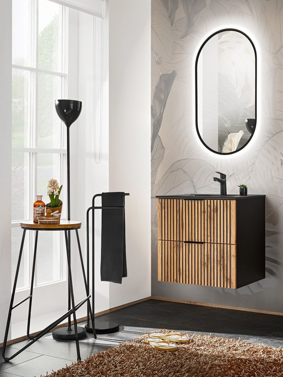 Badmöbel Set 2-tlg Badezimmerset ARMON Wotan Eiche Schrank 60cm inkl. Waschtisch