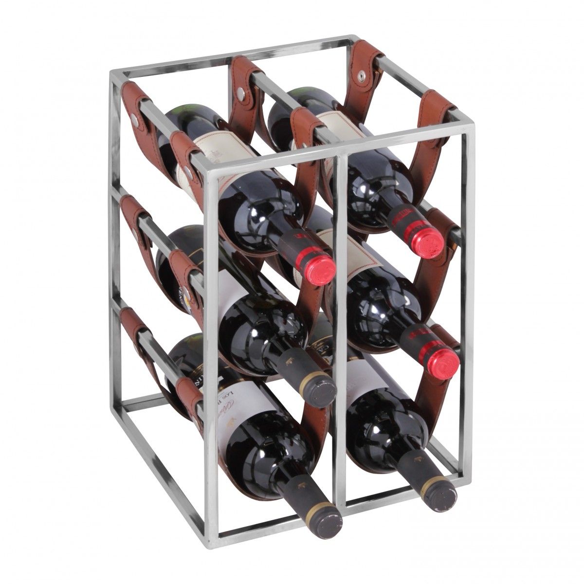Weinregal Design 38,5 cm für 6 Flaschen Alu Silber mit Lederschlaufen