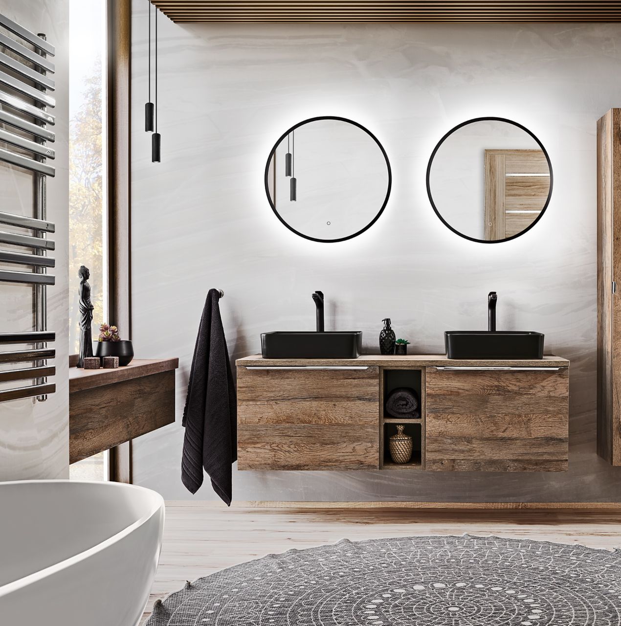 Badmöbel Set 5-tlg Badezimmerset AKAN Vintage Eiche 140cm ohne Waschtisch