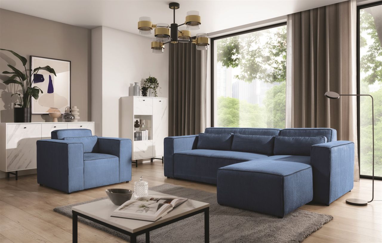 Ecksofa Schlafsofa inkl. Sessel WALDO Stoff Poso Blau Ottomane Links