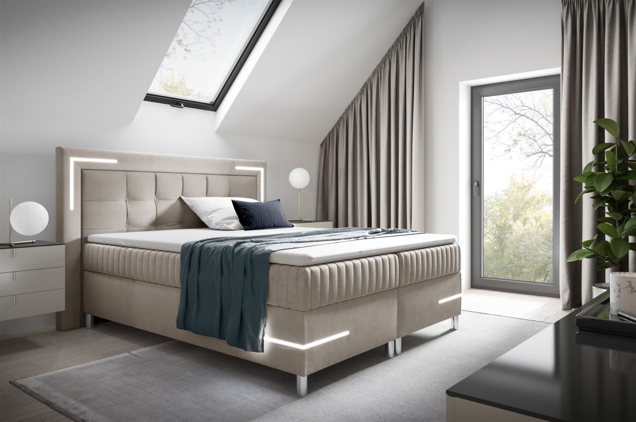 Boxspringbett Schlafzimmerbett 140x200cm AMORE Nr.2 Beige inkl. LED-Beleuchtung