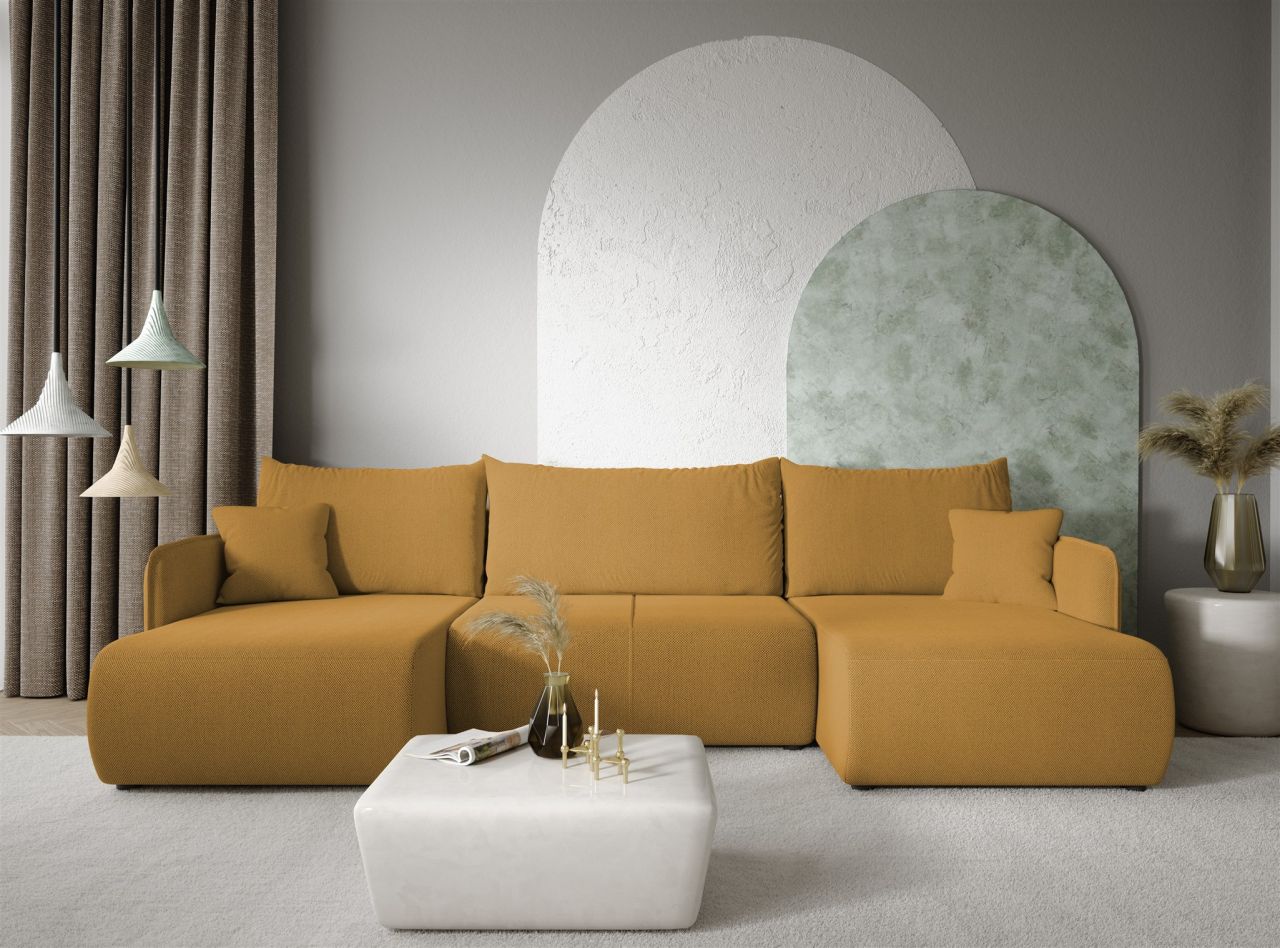 Wohnlandschaft Sofa mit Schlaffunktion CALGARY Stoff Curio Senfgelb