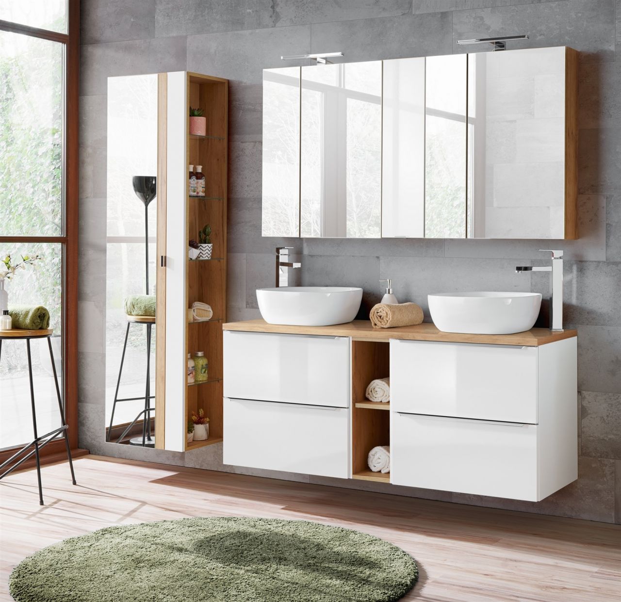 Badmöbel Set 10-tlg Badezimmerset PERUGIA Weiss HGL inkl.Waschbecken