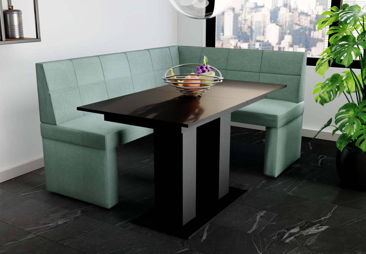 Eckbankgruppe 196x142 cm BLAKE XL L Stoff Soro Türkis / Esstisch DANTE Schwarz