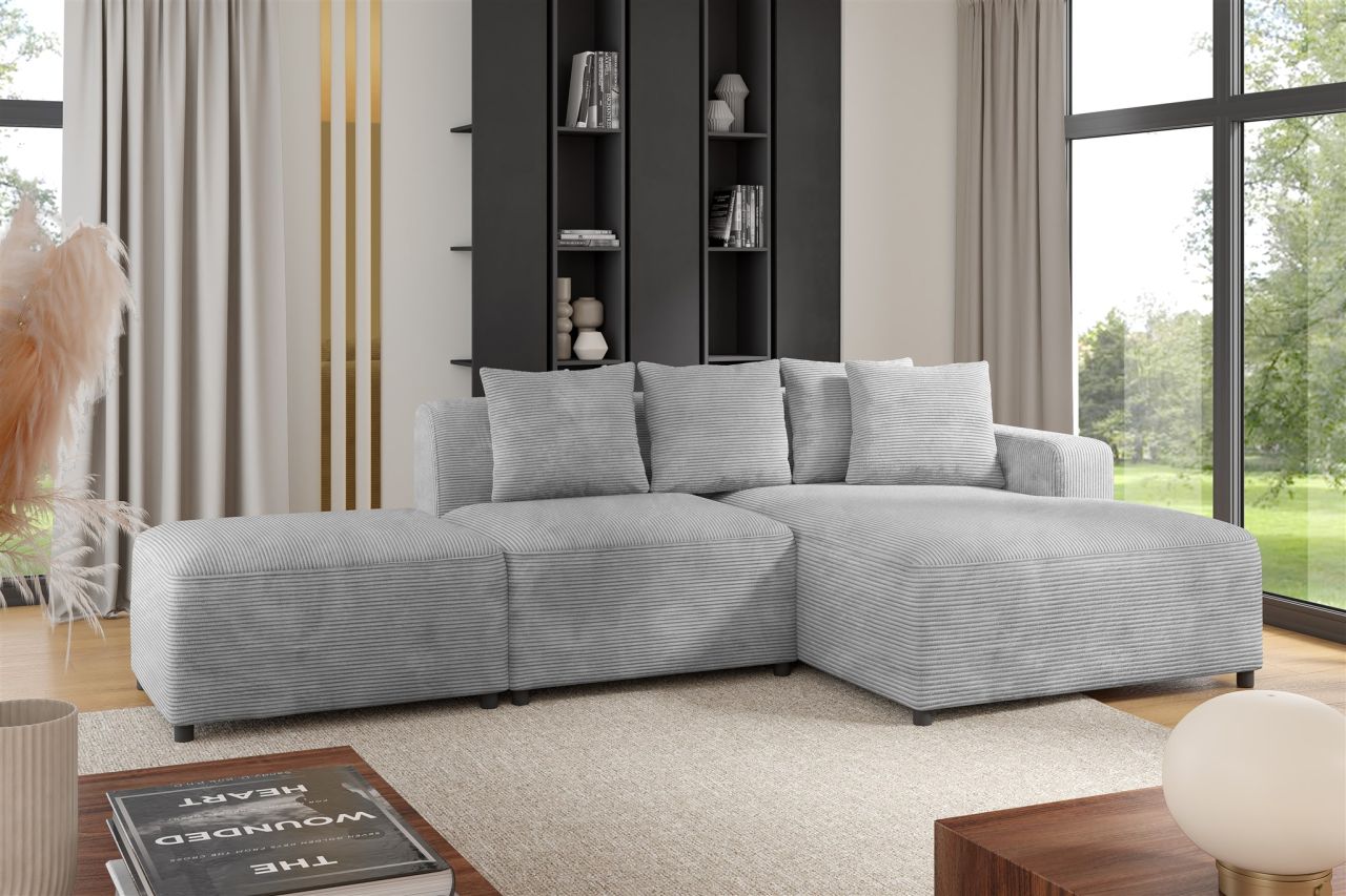 Ecksofa Designersofa MEGAN XS inkl. Hocker Stoff Poso Hellgrau Ottomane Rechts