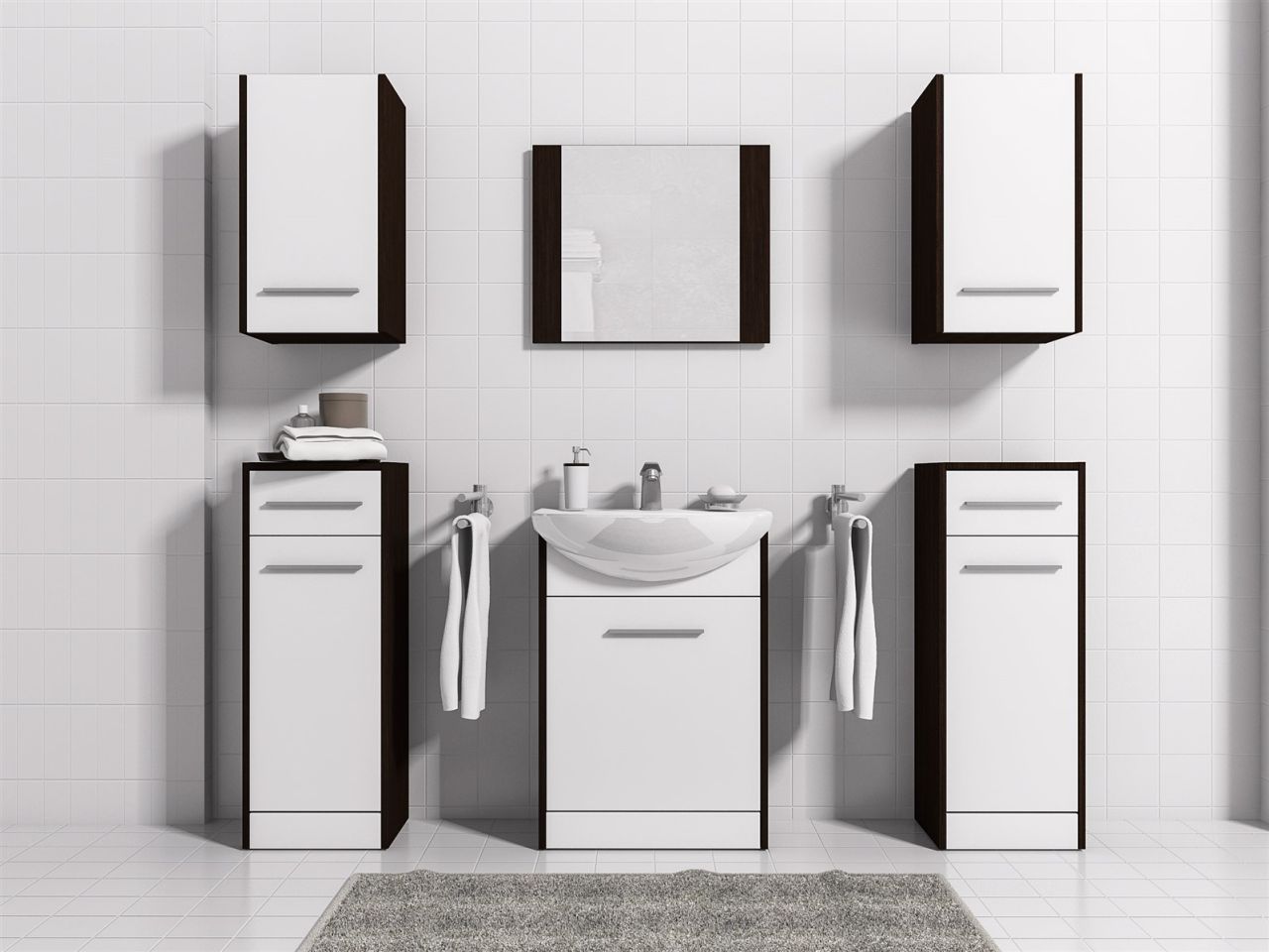 Badmöbel Set 7-Tlg Wenge / Weiss matt PERM Nr.4 inkl.Waschtisch