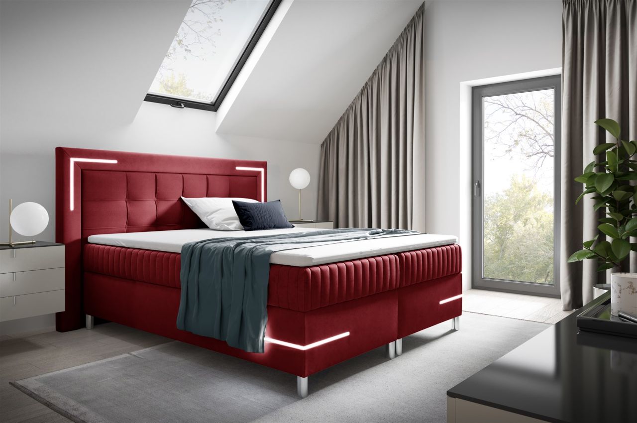 Boxspringbett Schlafzimmerbett 120x200cm AMORE Nr.2 Rot inkl. LED-Beleuchtung