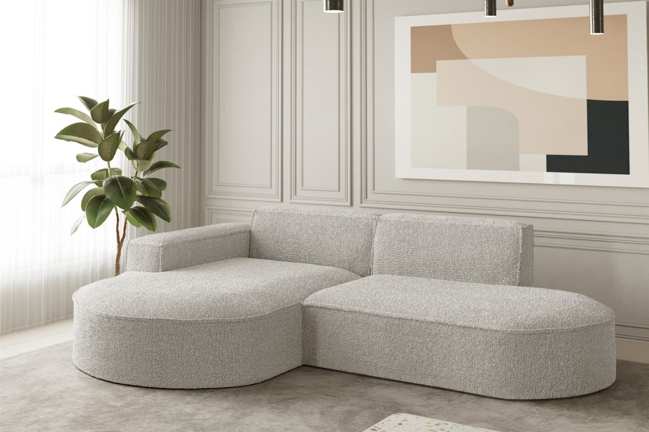 Ecksofa Designersofa PALMA XS in Stoff Ascot Pearl Ottomane Links