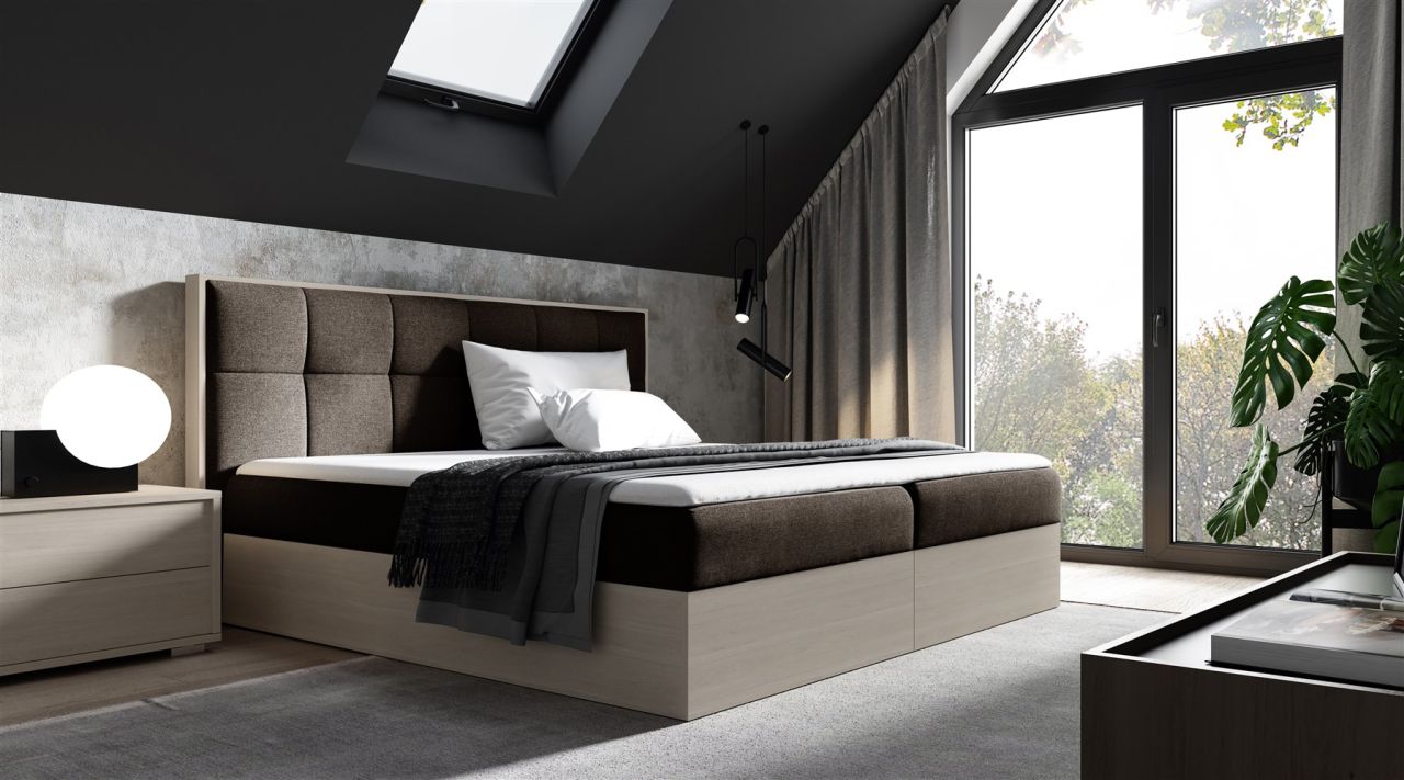 Boxspringbett Bett THANOS 120x200cm Nordic Teak Stoff Braun inkl. Bettkasten