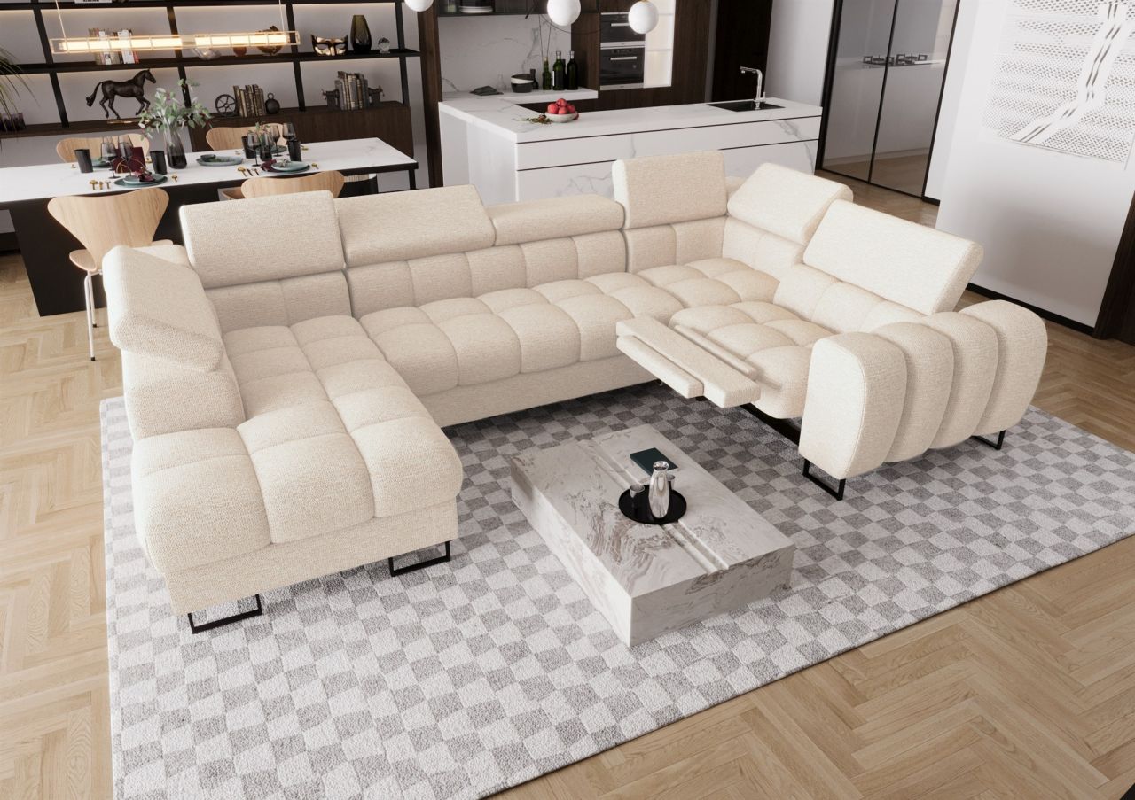 Wohnlandschaft Schlafsofa BASTIEN RELAX in Stoff Aragon Creme Ottomane Links