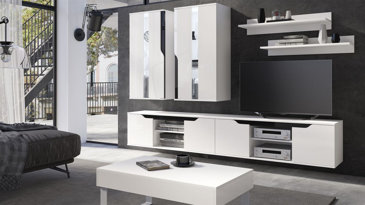 Mediawand Wohnwand 6 tlg DALLAS Weiss Hochglanz / Schwarz