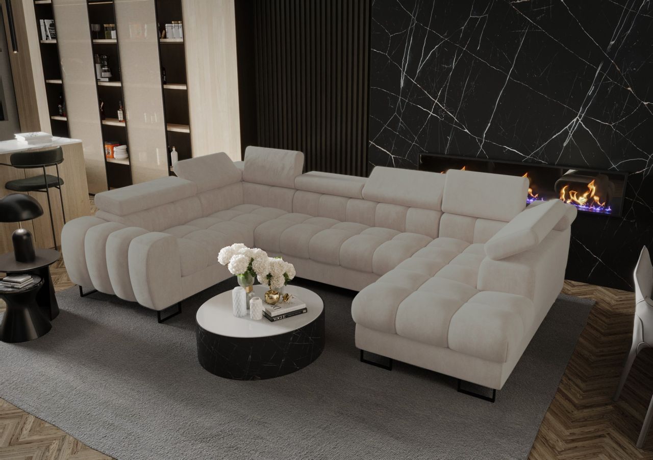 Wohnlandschaft Schlafsofa BASTIEN in Stoff Terra Beige Ottomane Rechts