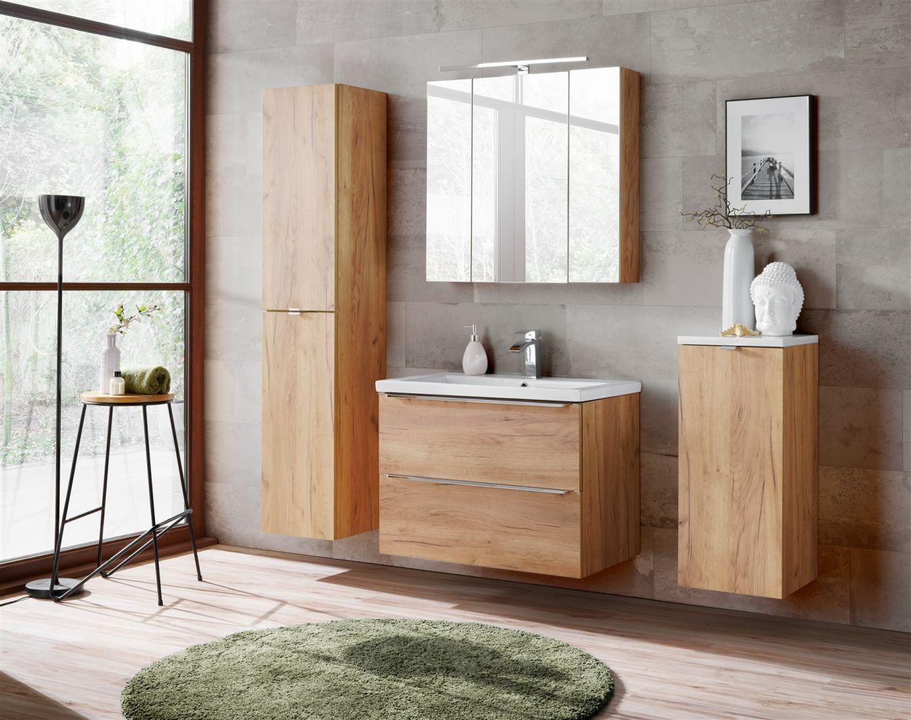 Badmöbel Set 5-tlg Badezimmerset PERUGIA Gold Eiche Set.5