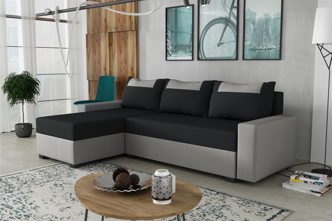 Ecksofa Schlafsofa Sofa HEDVIG Manila Hellgrau- Schwarz Ottomane Links