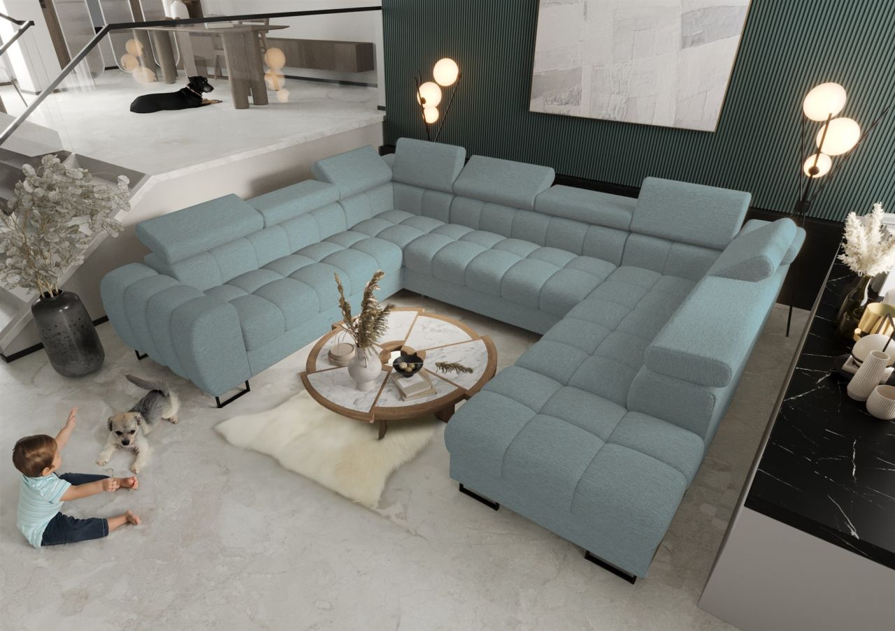 Wohnlandschaft Schlafsofa BASTIEN XL in Stoff Aragon Türkis Ottomane Rechts