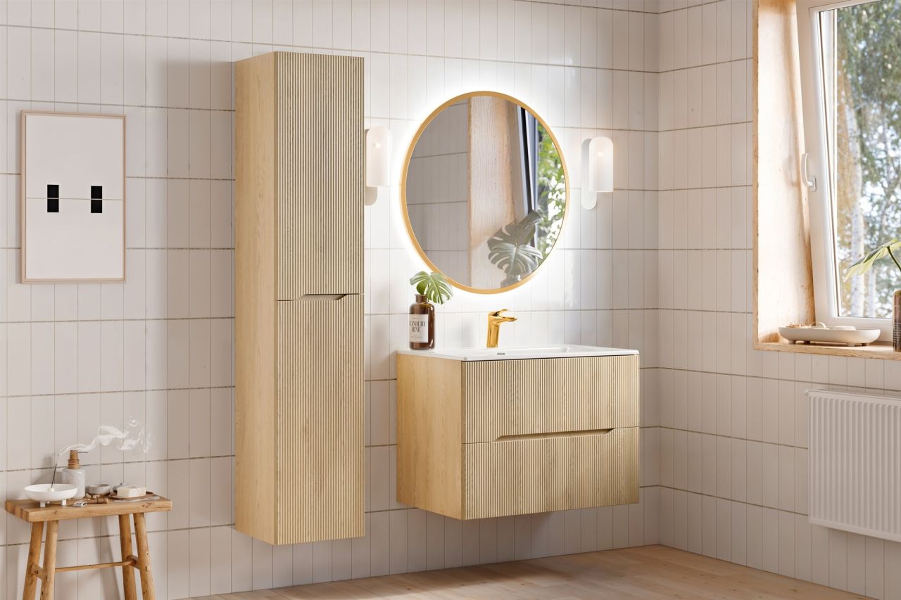 Badmöbel Set 3-tlg Badezimmerset AVOLI Cremona Eiche Spiegel Gold inkl. Wasch...