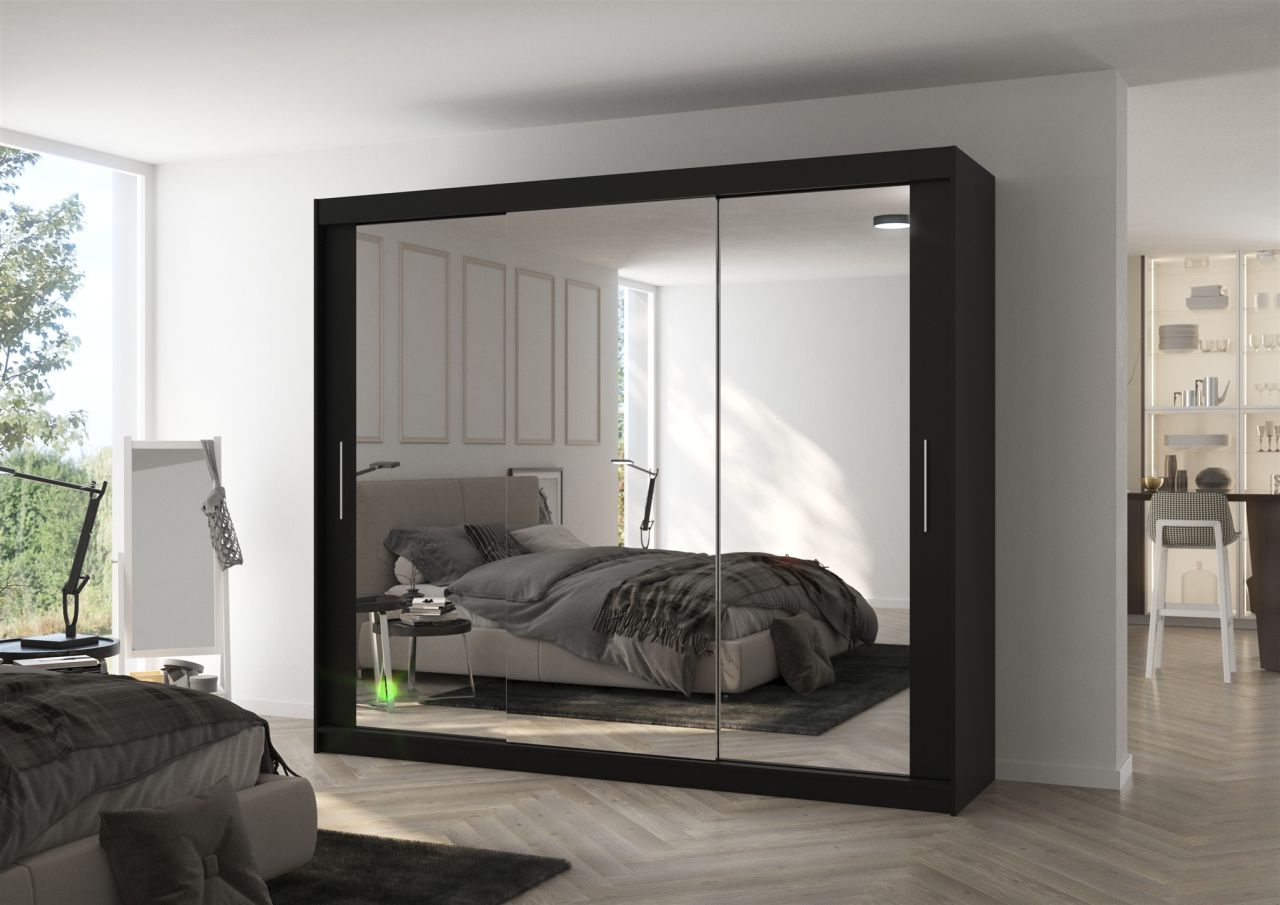 Schiebetürenschrank Schrank SHINE in Schwarz matt- Schwarz-Spiegel 250x215x58 cm