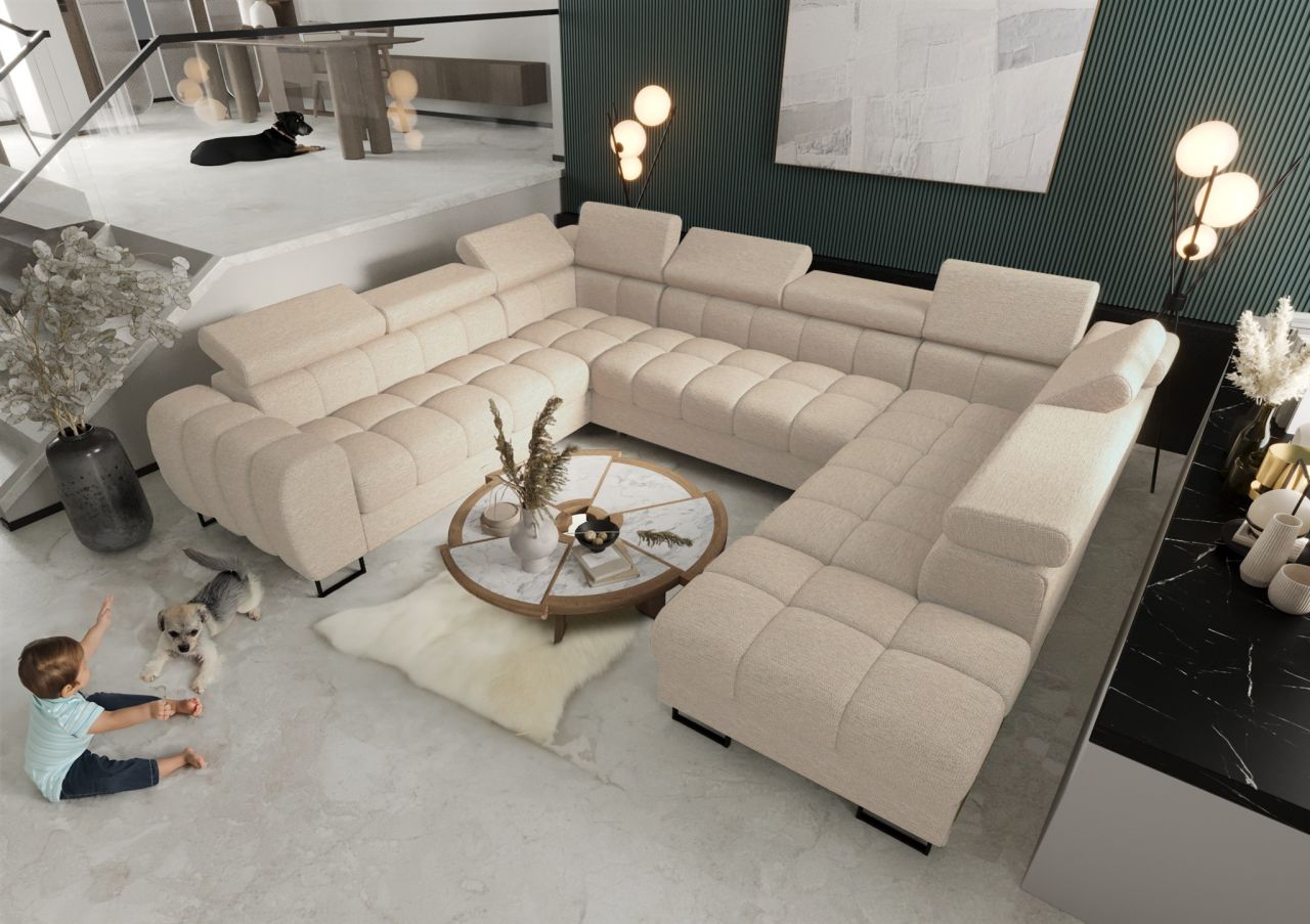 Wohnlandschaft Schlafsofa BASTIEN XL in Stoff Aragon Creme Ottomane Rechts