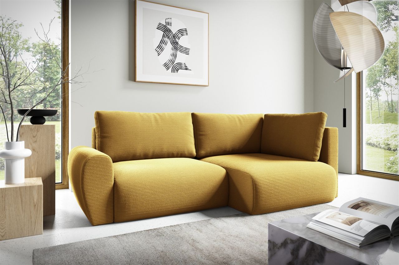 Ecksofa Schlafsofa GALAN MINI Stoff Poso Honiggelb Ottomane Rechts