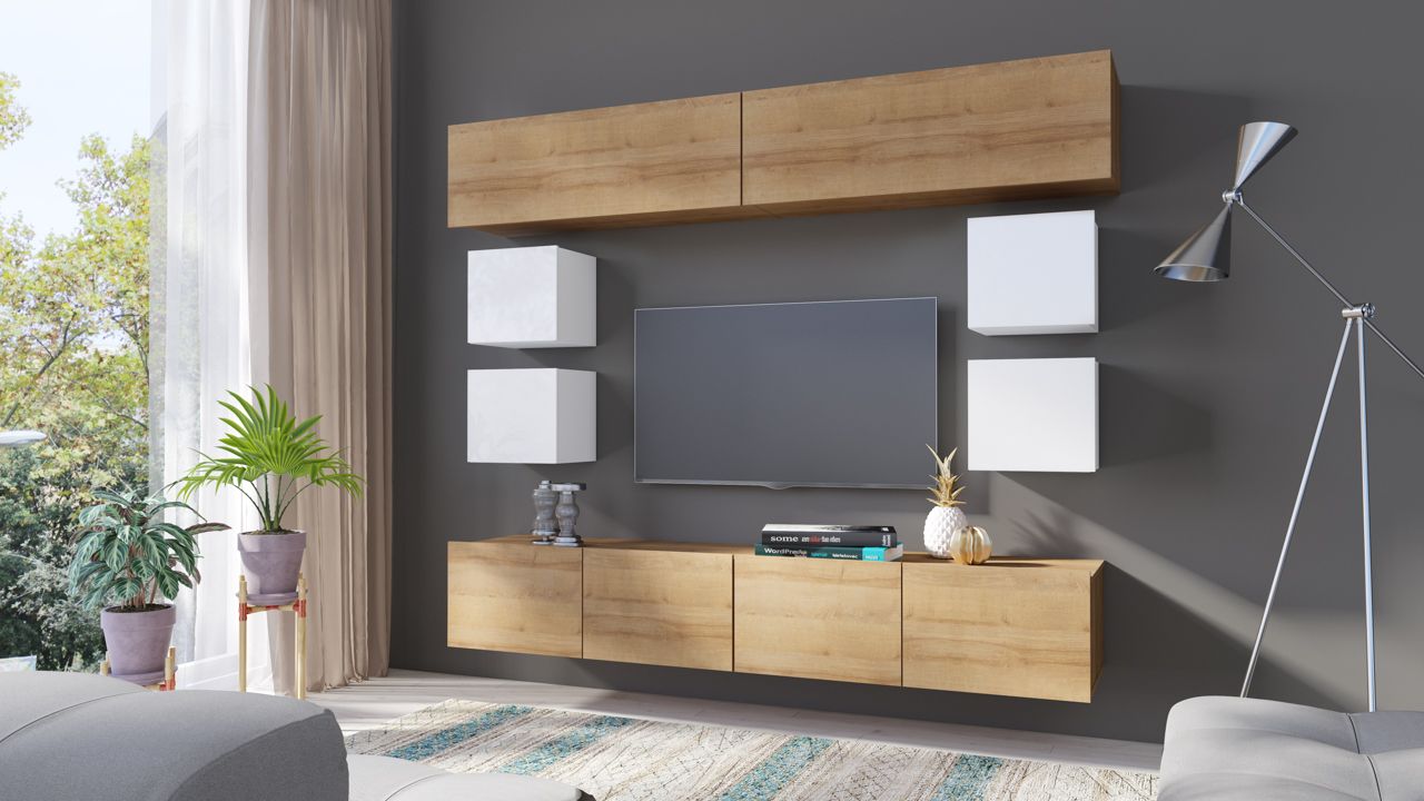 Mediawand Wohnwand 8 tlg - LABRI 13 - Sonoma / Weiß Hochglanz