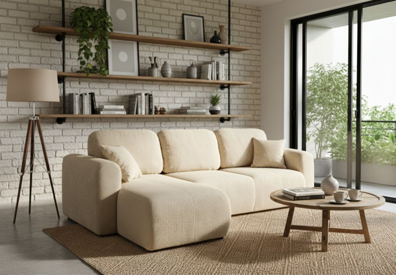 Ecksofa mit Schlaffunktion BRUSK Sofa in Stoff Pop Creme Ottomane Links