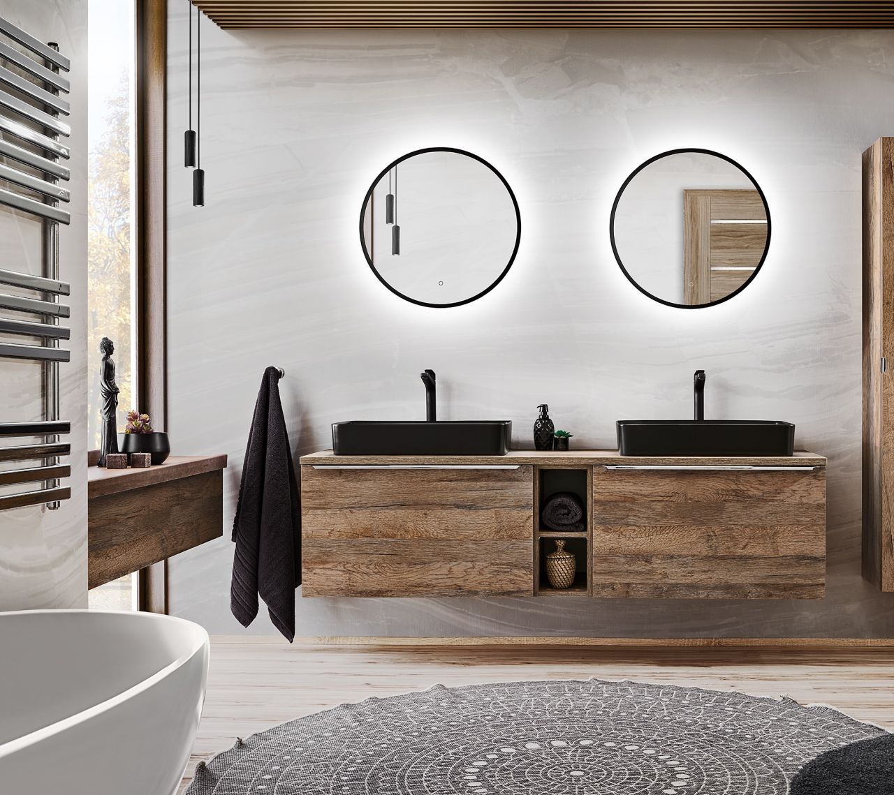 Badmöbel Set 7-tlg Badezimmerset AKAN Vintage Eiche Spiegel 60cm inkl Waschtisch