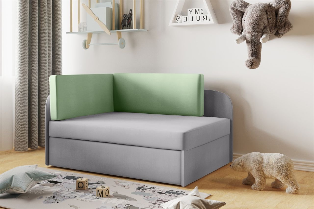 Sofa Kindersofa Schlafsofa inkl. Bettkasten MAILO Seite Rechts Stoff Grau / Grün