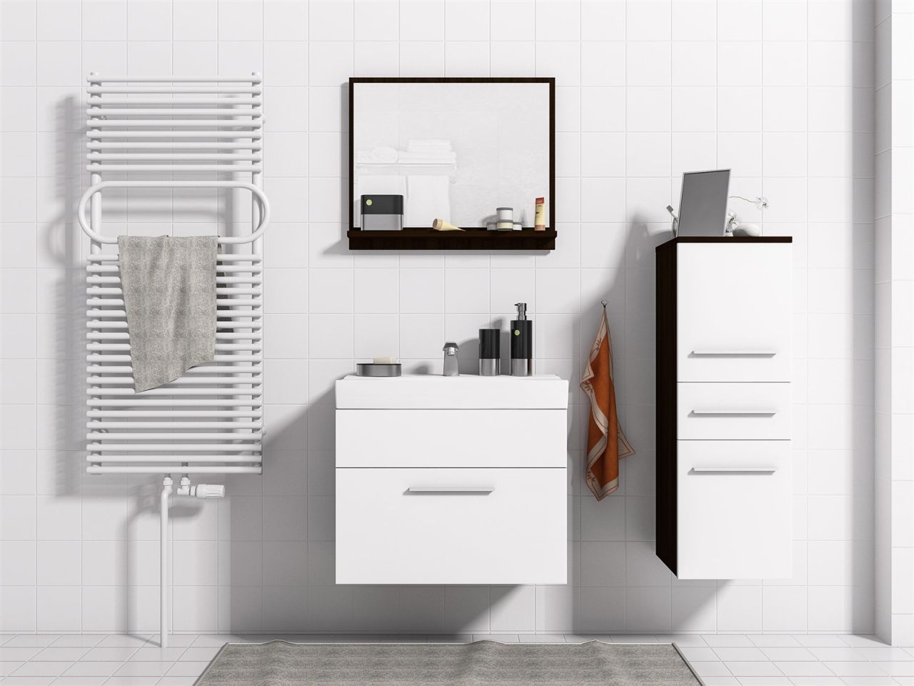 Badmöbel Set 4-Tlg Wenge / Weiss matt LUCY S inkl.Waschtisch