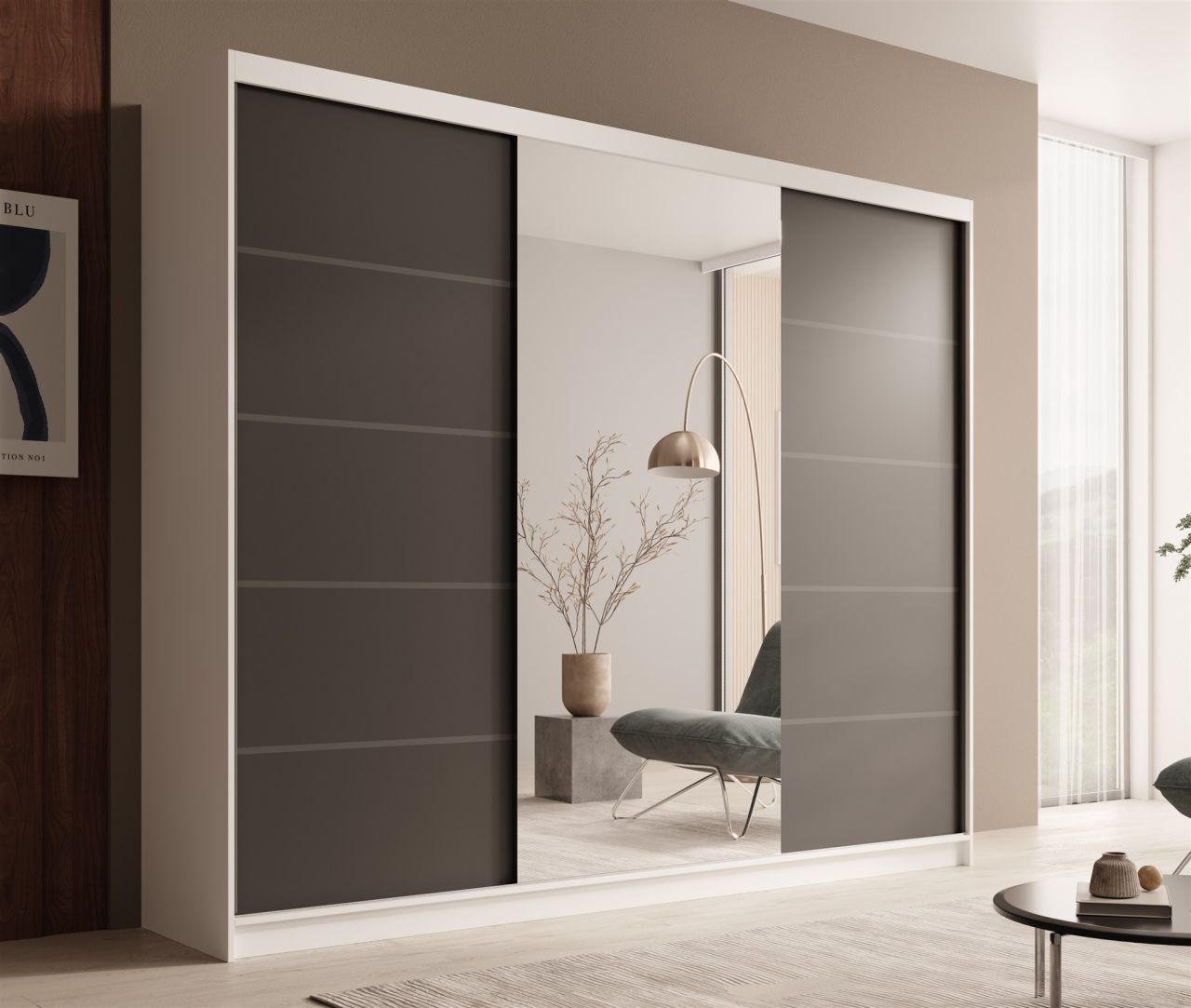 Schiebetürenschrank Schrank OSLO in Weiß-Schwarz matt 250x215x58 cm