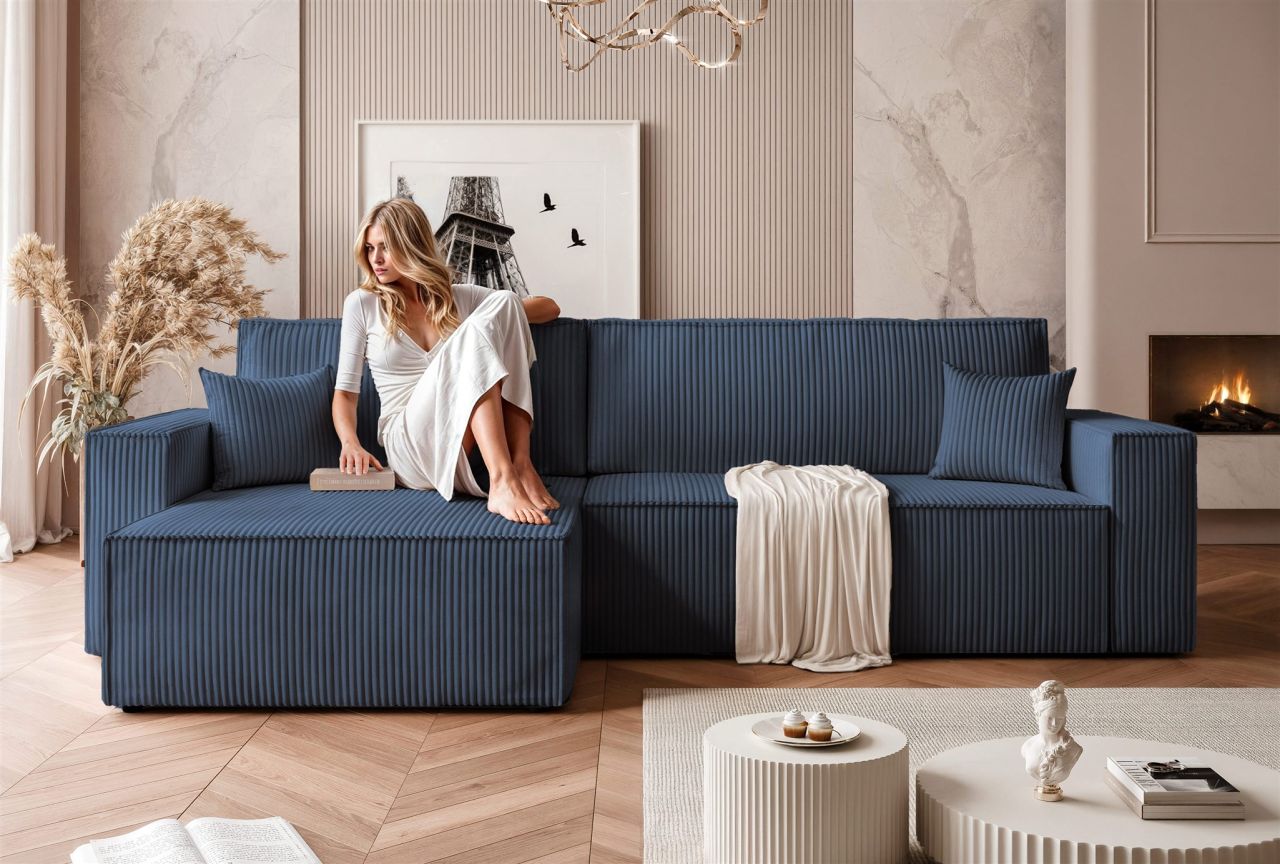 Ecksofa Schlafsofa Sofa ADARA MAX in Stoff Poso Blau Ottomane Links