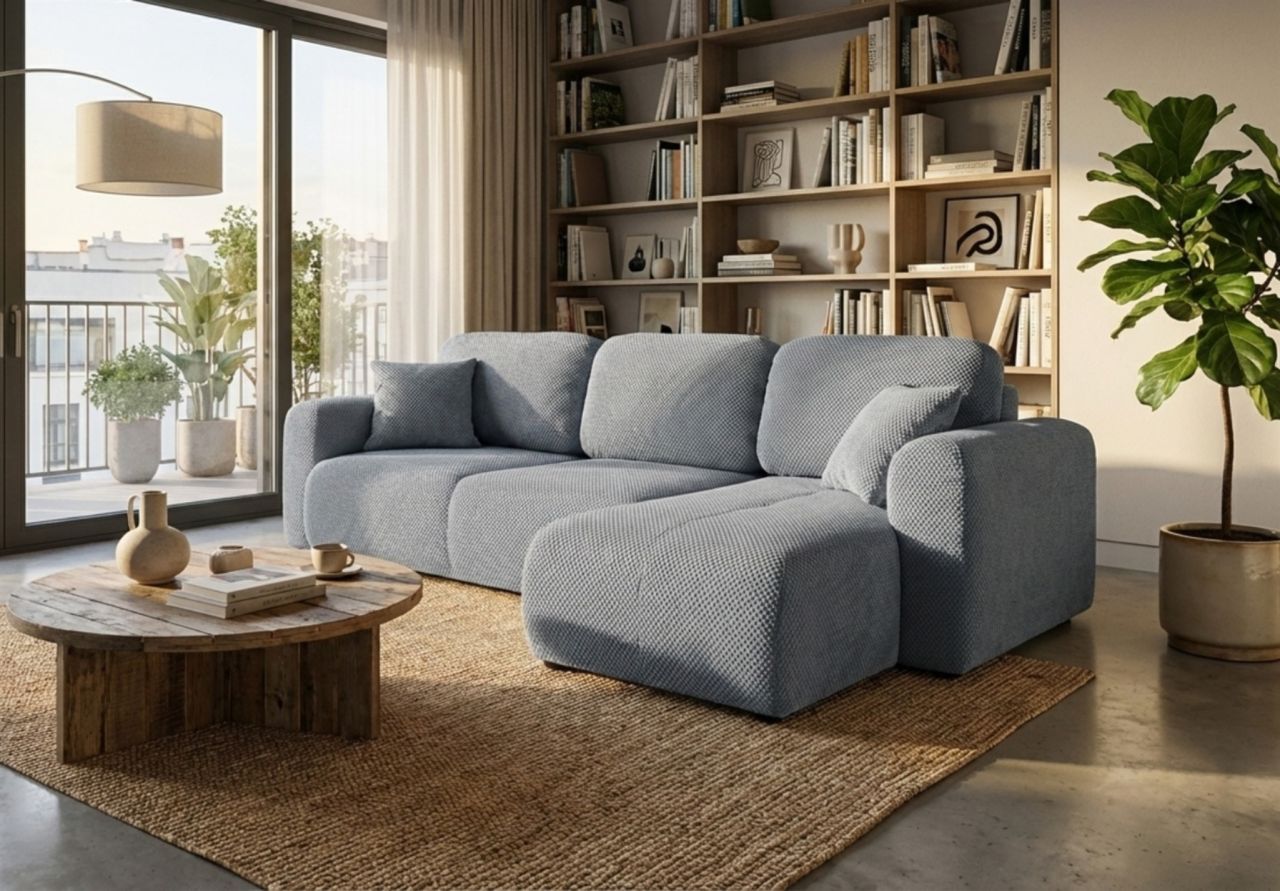Ecksofa mit Schlaffunktion BRUSK Sofa in Stoff Pop Grau Ottomane Rechts